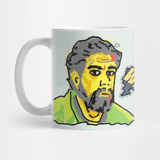 Drawing of a man with a beard saying why in yellow, green, black and gray, pop art style Mug